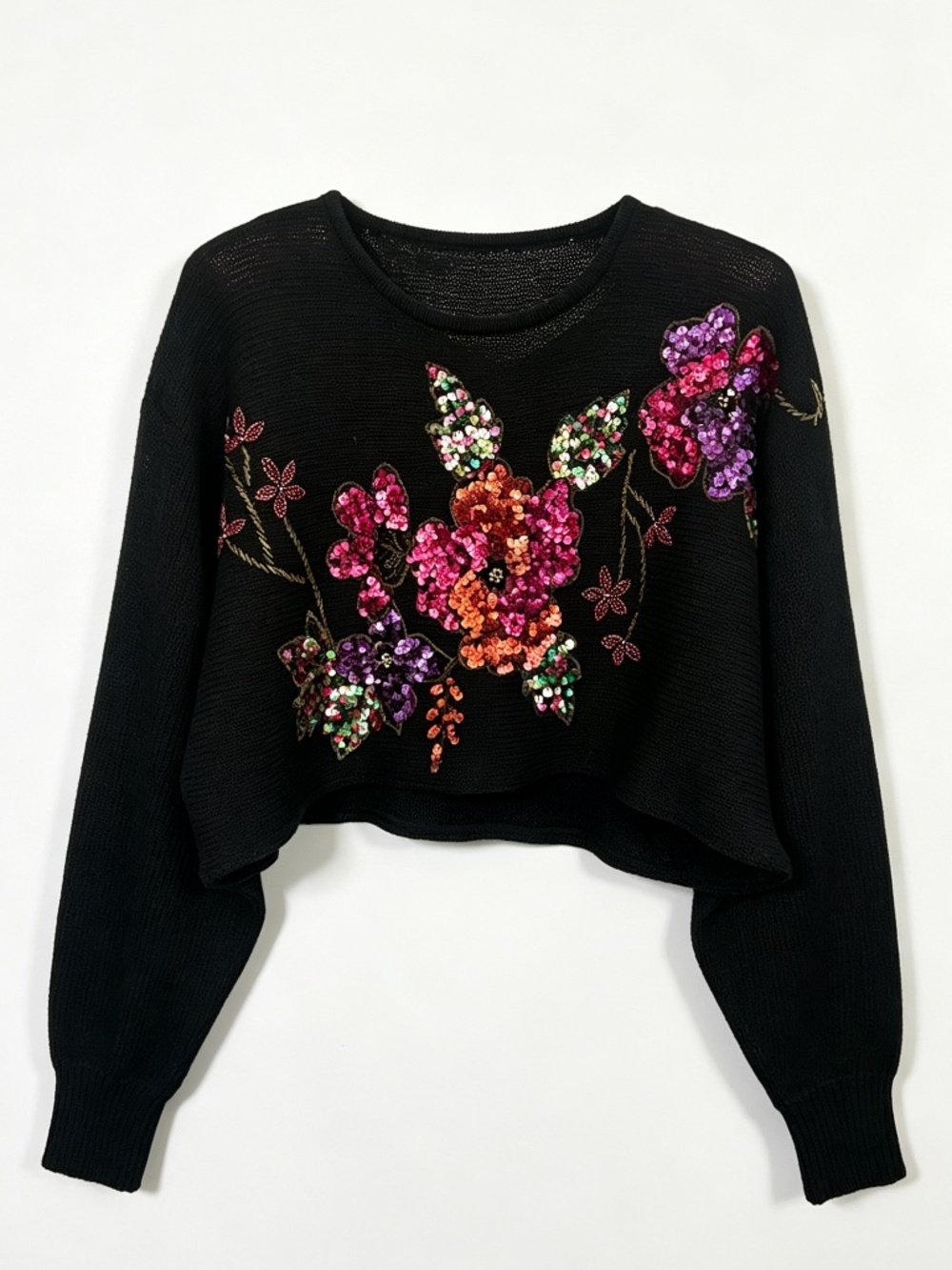 Vintage California Select Black Batwing Cropped Sweater Colorful Sequin Floral ✨